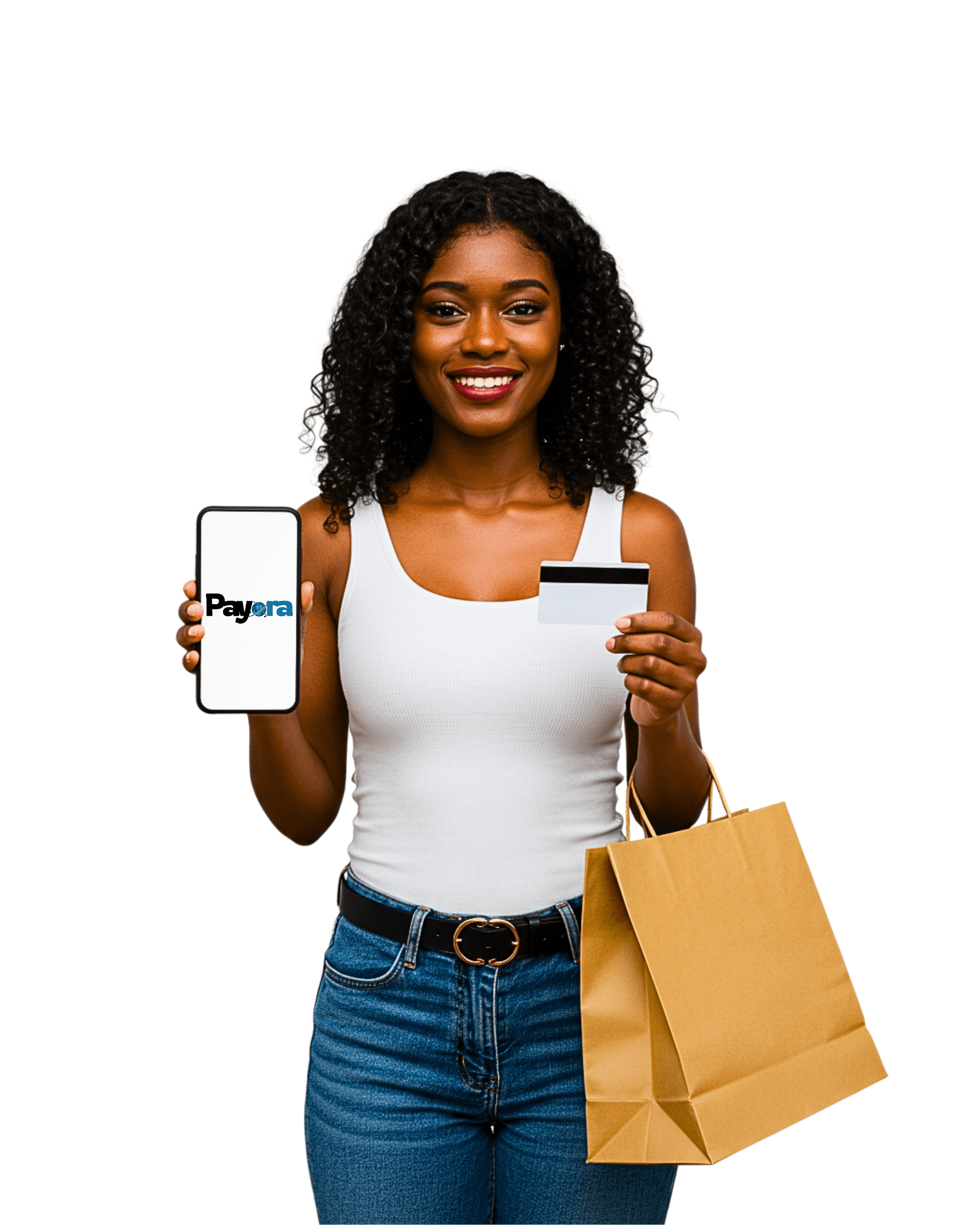 Woman using the Payora fintech app on her phone to pay bills, buy airtime, and trade gift cards